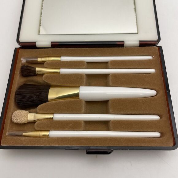 VTG Lucite Lighted Compact Mirror With Make Up Brush Set UK Design Hong Kong - Picture 2 of 5